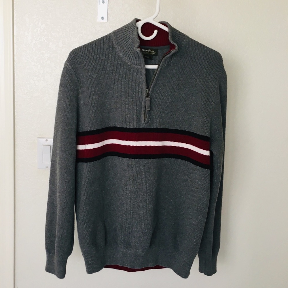 Eddie Bauer Men’s Striped 1/4 Zip Gray Sweater
